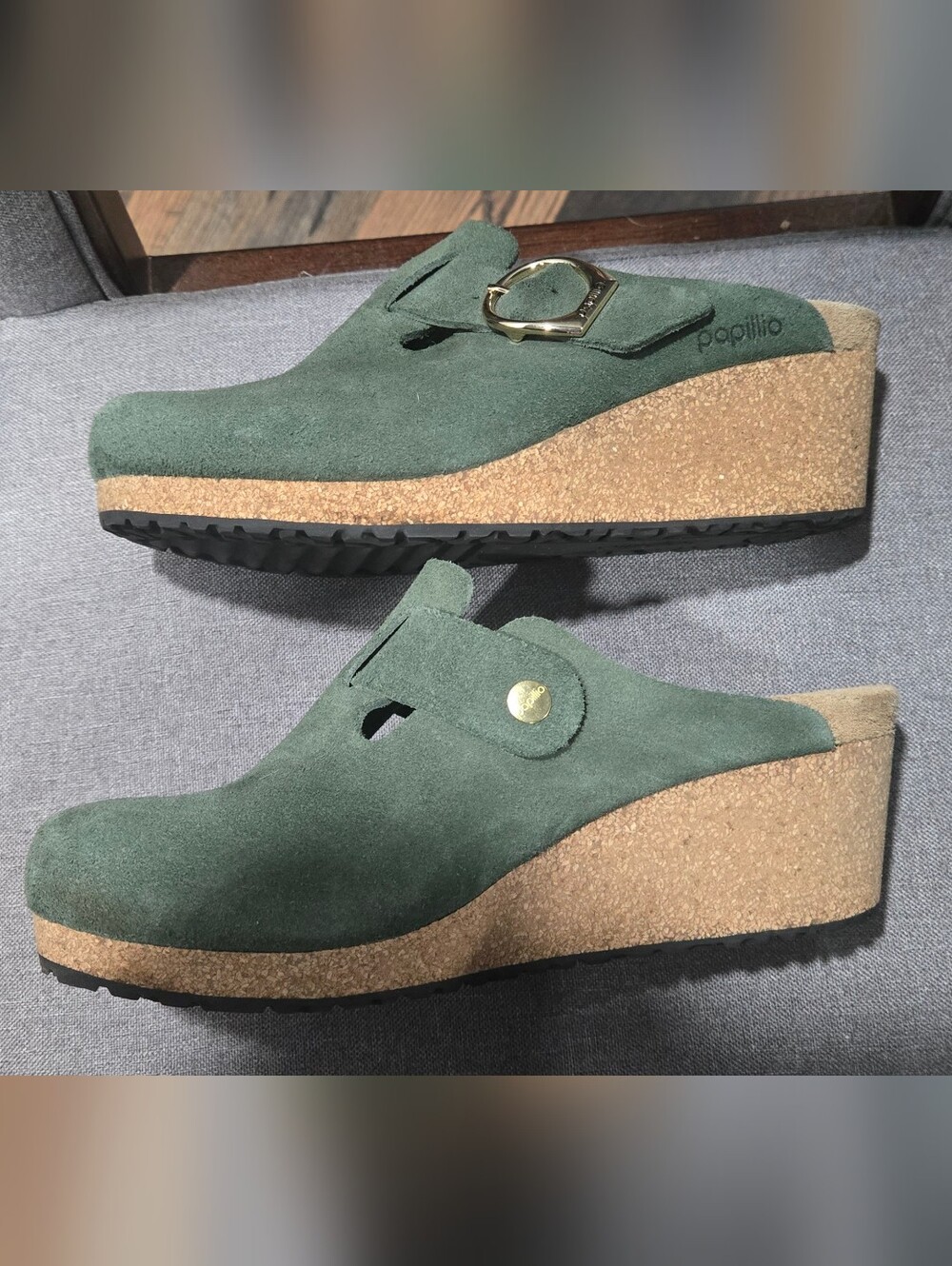 Birkenstock Papillio Olive Green Suede Buckle Clogs - Picture 6 of 6